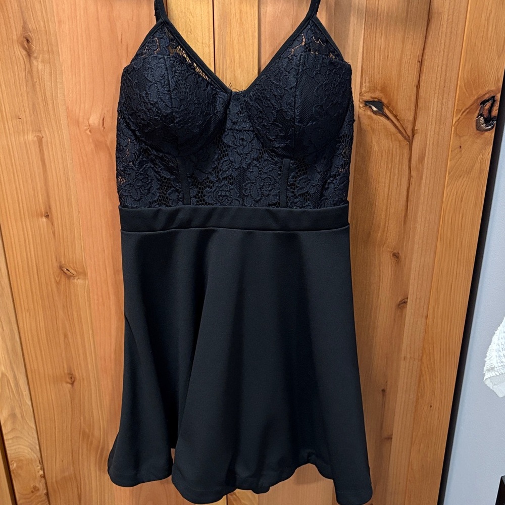 City Studio Black Mini Dress with Lace Detailing